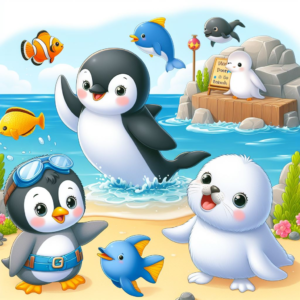 Pippa the penguin happily swimming in the chilly Antarctic waters, surrounded by her supportive friends.