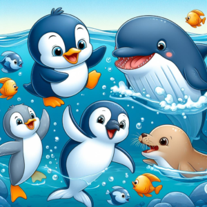 Pippa the penguin happily swimming in the chilly Antarctic waters, surrounded by her supportive friends.