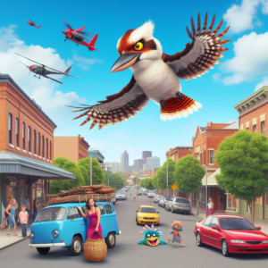 a kookaburra flying through town