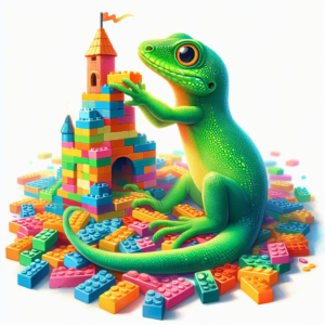 Reptile engrossed in playful LEGO creation