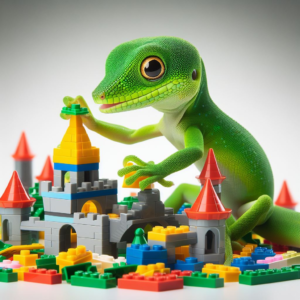 Green lizard constructing LEGO masterpiece