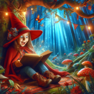 Girl learning to read in a magical forest