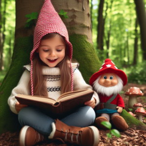 Girl learning to read in a magical forest