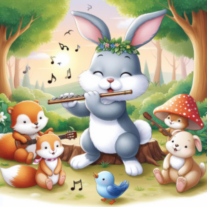 bunny playing flute for forest animals