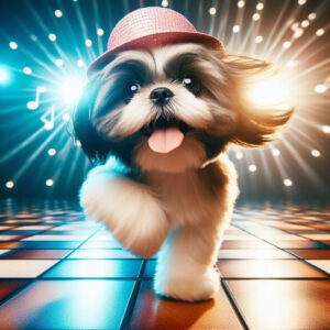 A fluffy Shih Tzu wearing a disco outfit, dancing enthusiastically on a glittering dance floor, surrounded by colorful lights and cheering spectators.