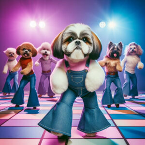 A fluffy Shih Tzu wearing a disco outfit, dancing enthusiastically on a glittering dance floor, surrounded by colorful lights and cheering spectators.