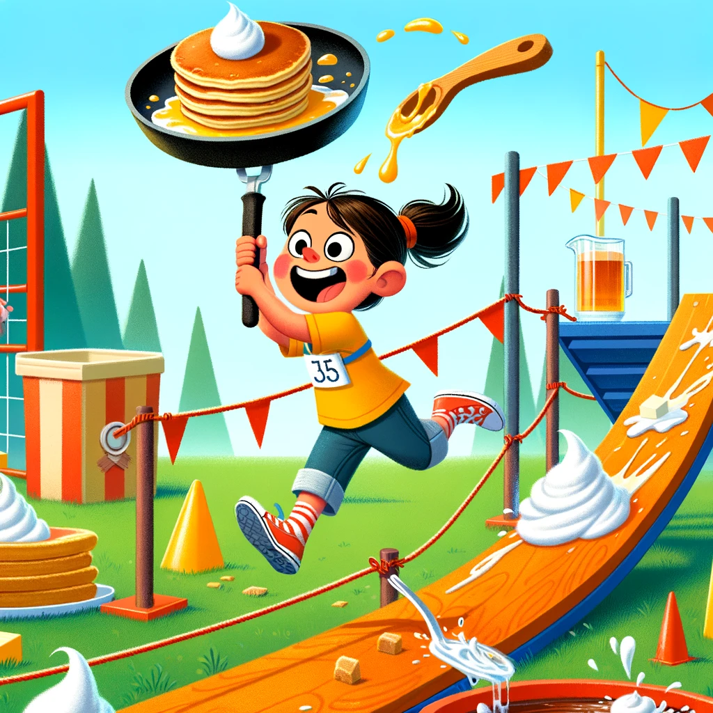 girl flipping pancakes while navigating an obstacle course