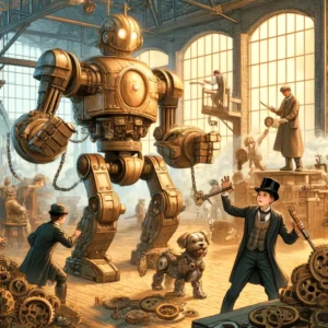 Milton with his steam punk robot invention Goliath and Robot dog Sparky