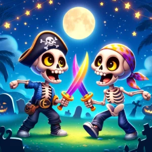 2 funny cartoon skeletons in a cemetery in a duel