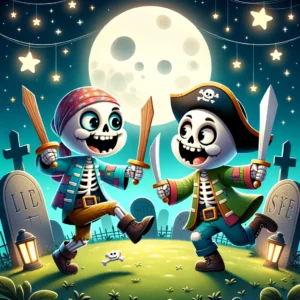 2 funny cartoon skeletons in a cemetery in a duel