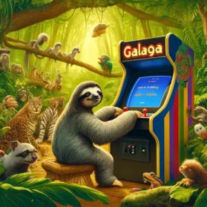 Sloth in the Amazon playing Galaga arcade game in from of amazed animals