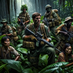 Intense portrayal of a diverse military unit in camouflage gear advancing through a lush jungle setting