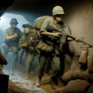 Soldiers in vintage U.S. military uniforms moving urgently through a dusty tunnel with equipment and rifles at the ready.