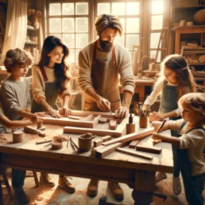 Thomas woodworking with his 4 kids