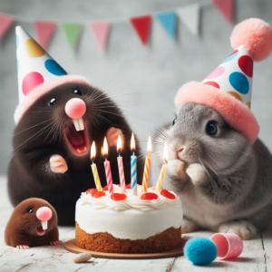 Bunny and mole celebrating with a birthday cake