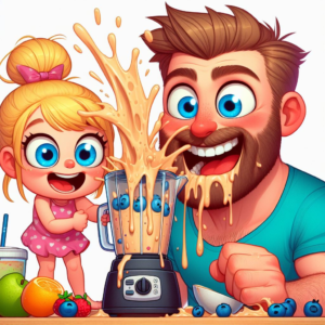 little girl and dad making a smoothie with the blender exploding