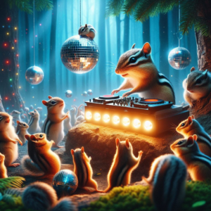 chipmunk as a DJ playing for other chipmunks at a party at night