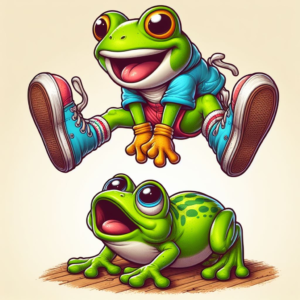 2 frogs playing leap frog