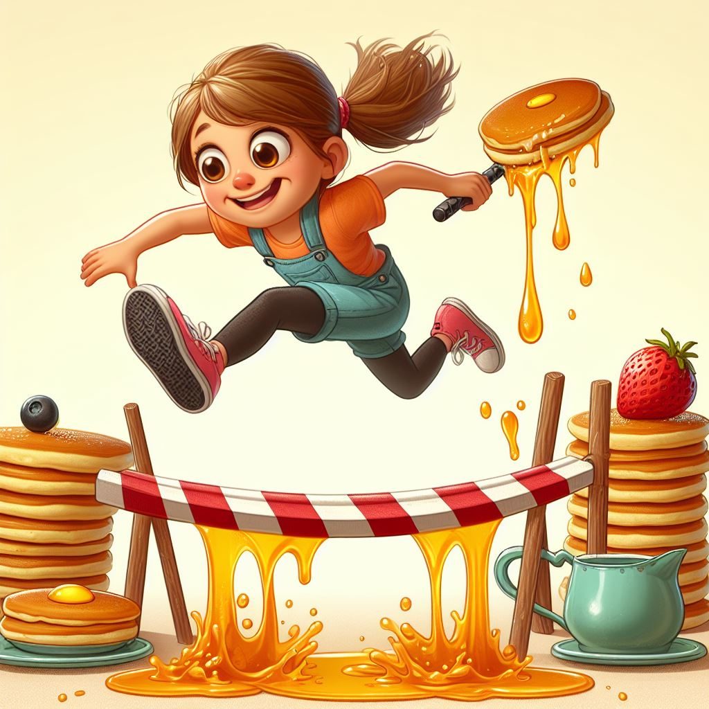 girl flipping pancakes while navigating an obstacle course