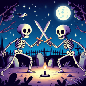 2 funny cartoon skeletons in a cemetery in a duel